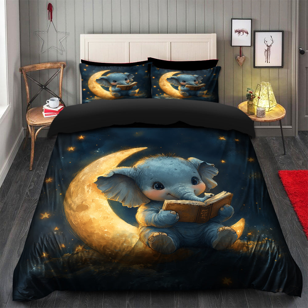 Baby Elephant Crescent Moon Duvet Cover Set with 2 Pillowcases
