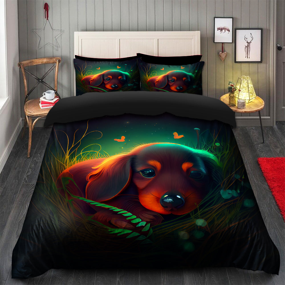 Baby Dachshund Fireflies Bedding Set with Duvet Cover & 2 Pillowcases