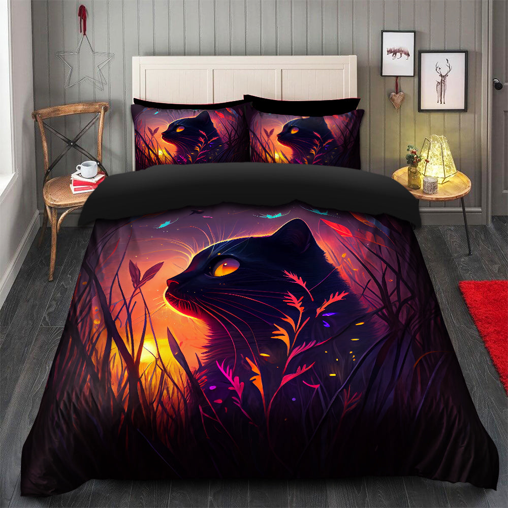 Cute Black Cat Duvet Cover Set with 2 Pillowcases and Fireflies