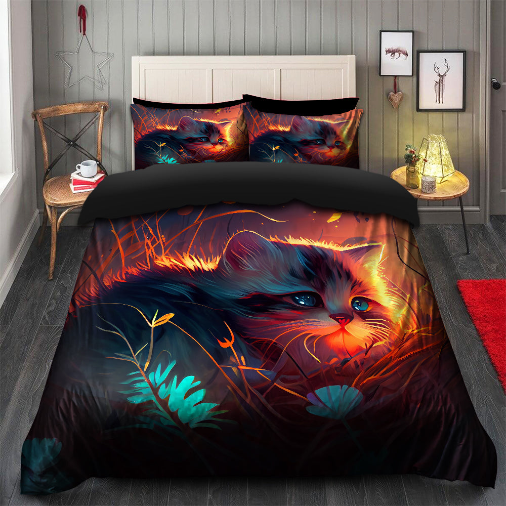 Cozy Fireflies Cat Duvet Cover Set with 2 Pillowcases in Grass