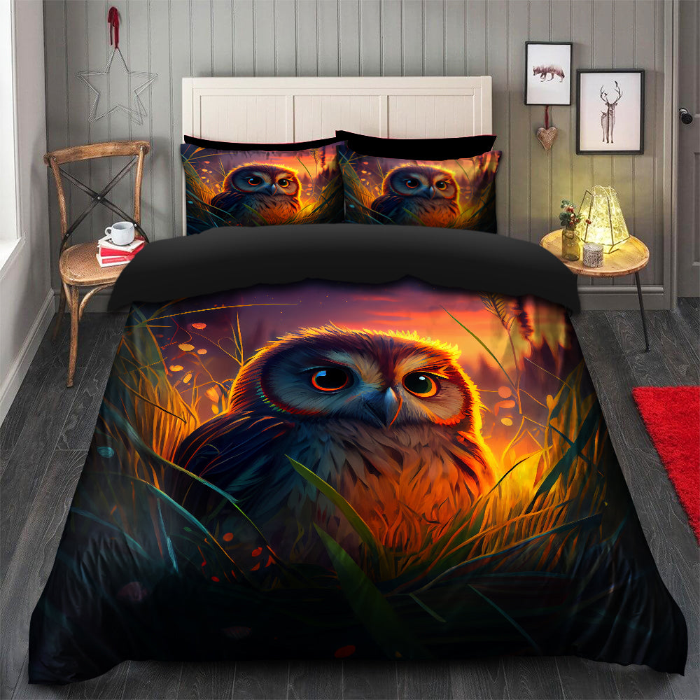Cozy Fireflies Bedding Set with Cute Owl Duvet Cover and 2 Pillowcases