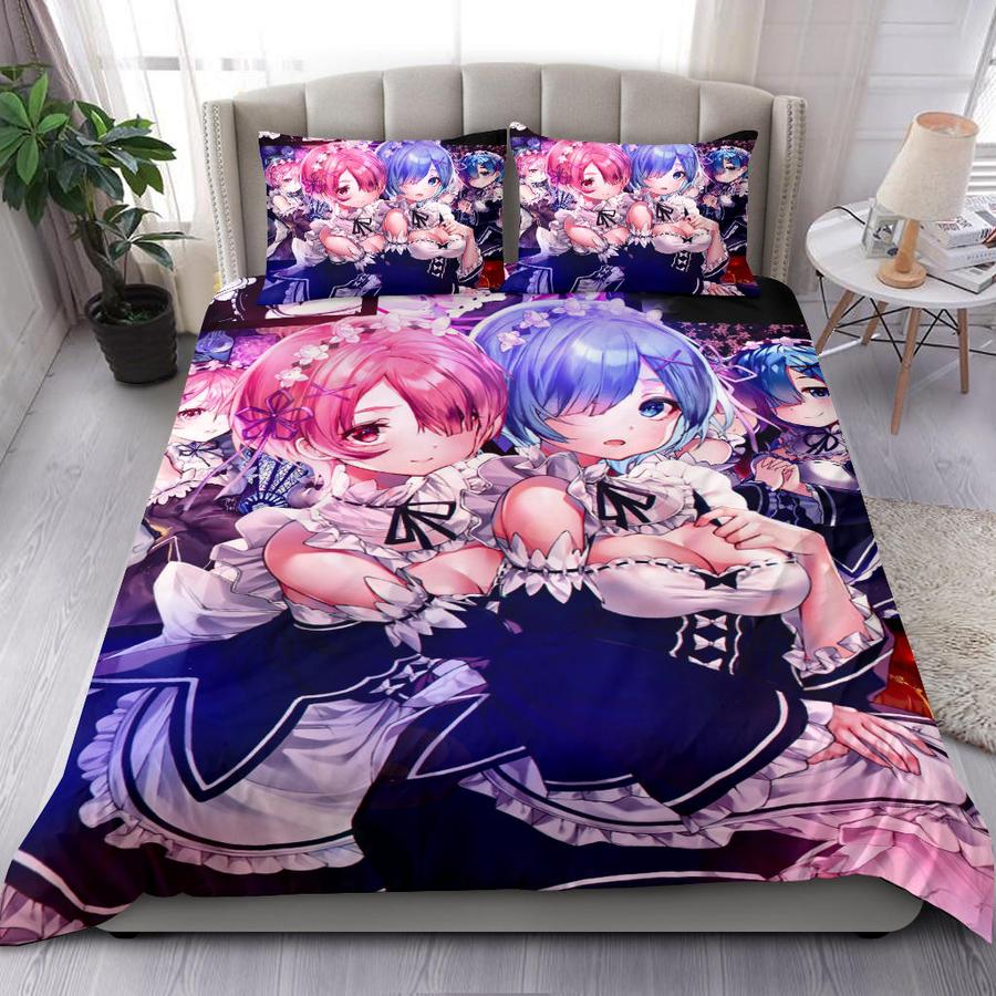Anime Ram and Rem ReZero Bedding Set - Duvet Cover and 2 Pillowcases for Fans
