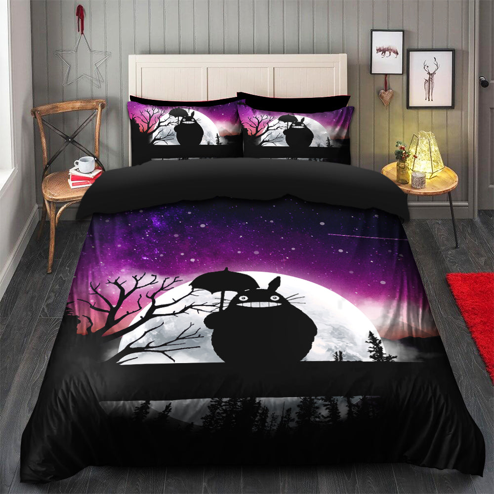 Cute Totoro Ghibli Moon Night Bedding Set Duvet Cover with 2 Pillowcases Anime Bedroom Decor